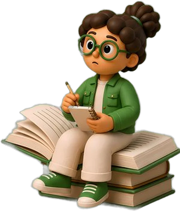 Pesquisadora do HQ-Lab sentada sobre livros, fazendo anotações